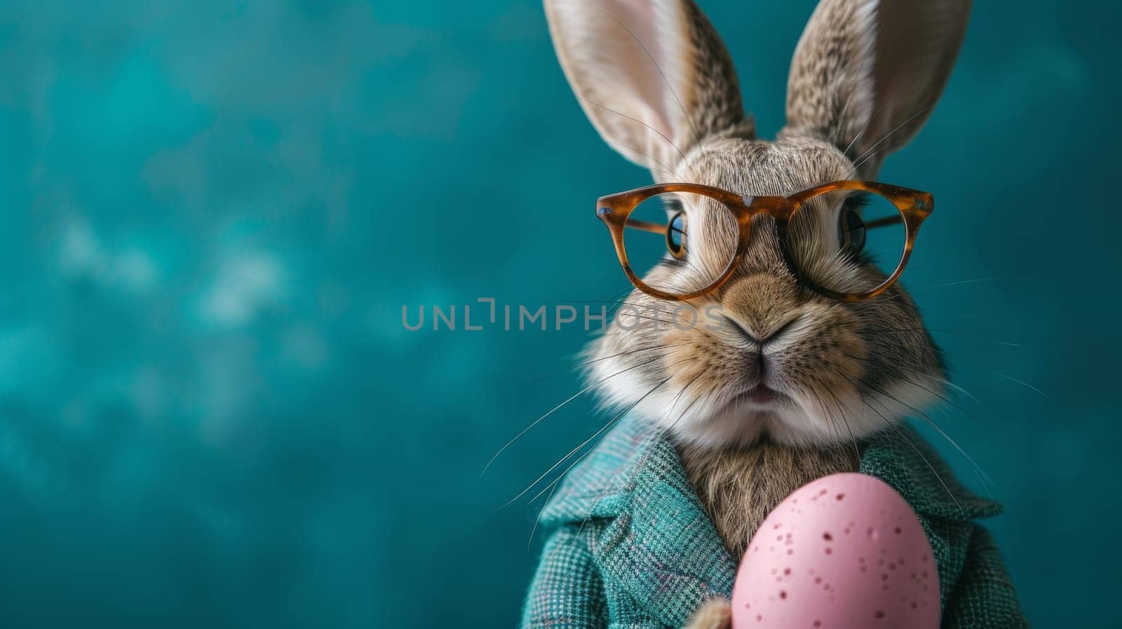 A rabbit wearing glasses holding a pink egg in its mouth