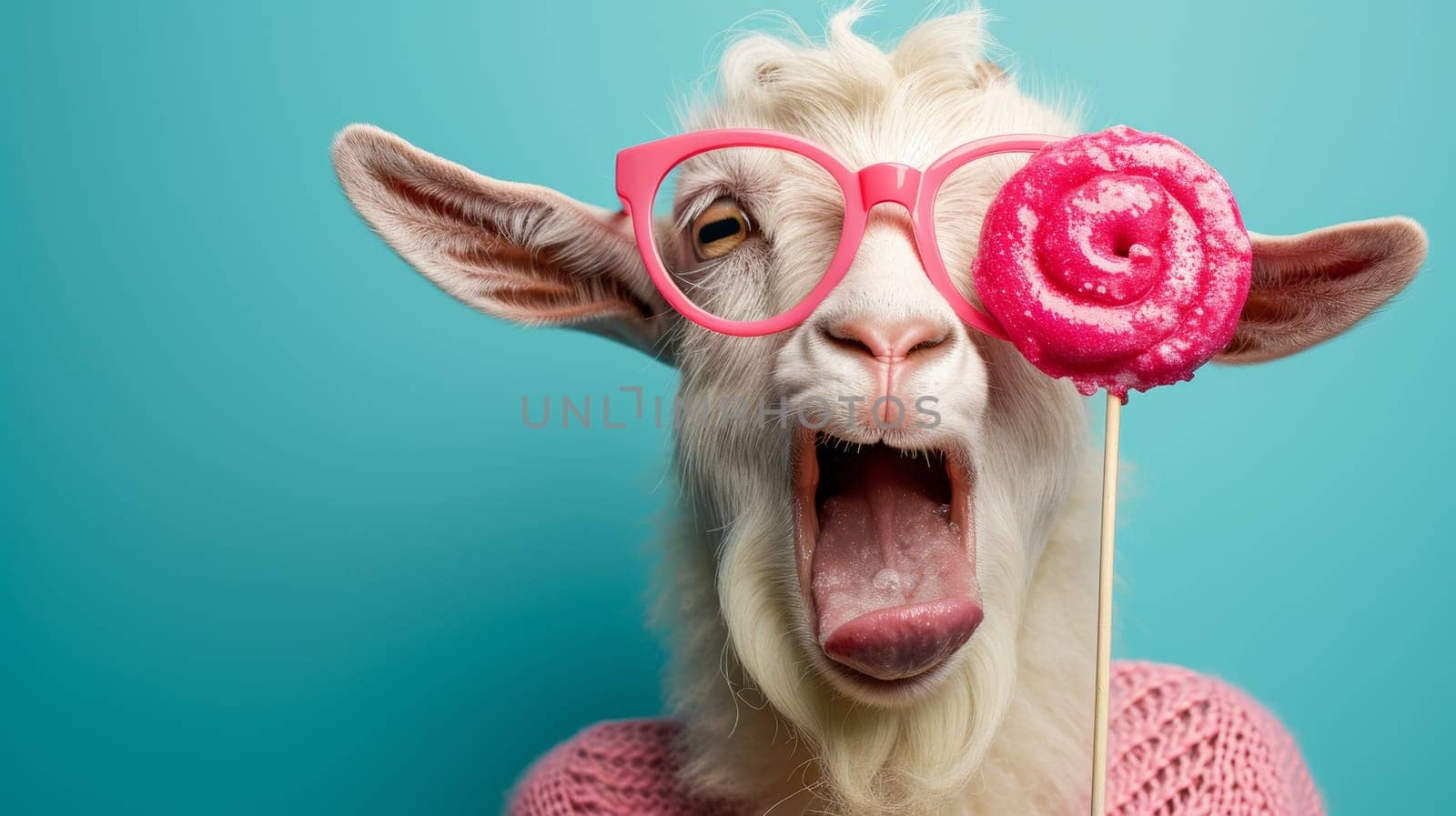 A goat with glasses and pink sweater holding a lollipop