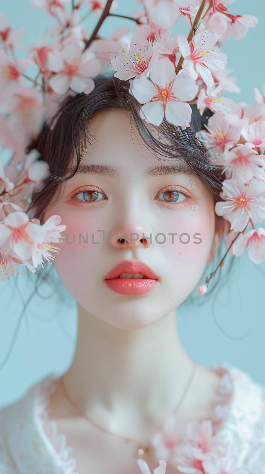 A woman with a flower headband on her face, AI by starush