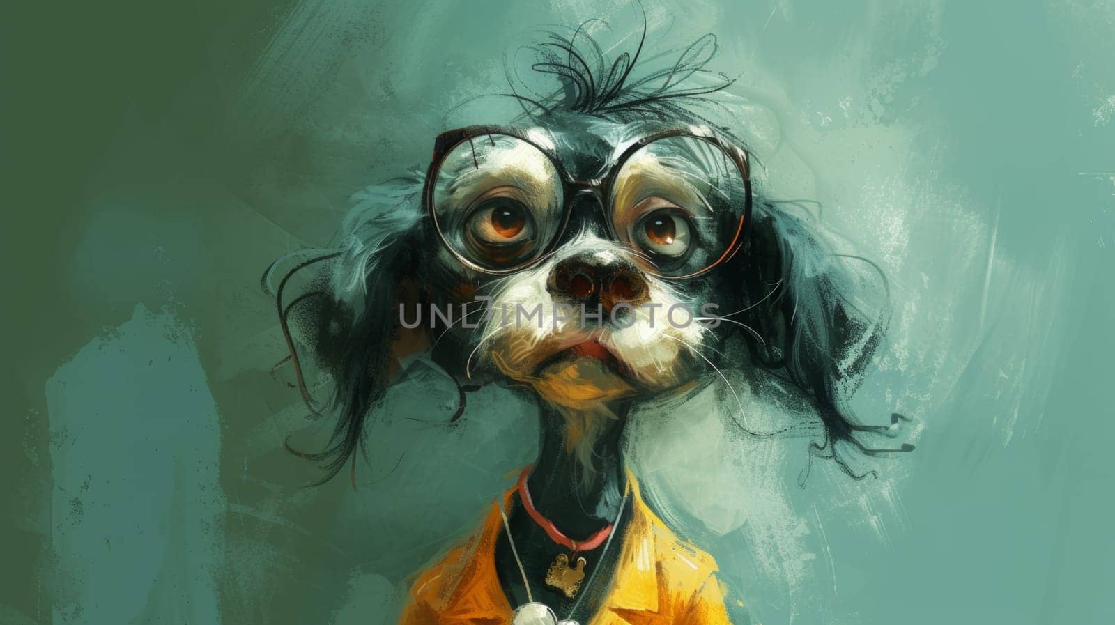 A painting of a dog wearing glasses and an orange shirt, AI by starush