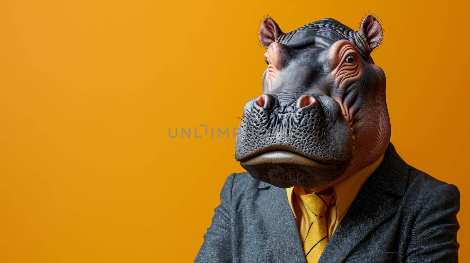 A man in a suit and tie with an animal head on