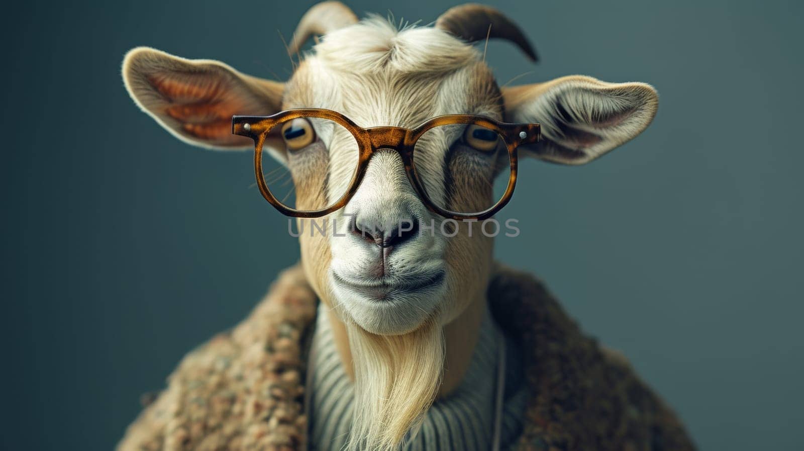 A goat wearing glasses and a sweater with brown hair, AI by starush