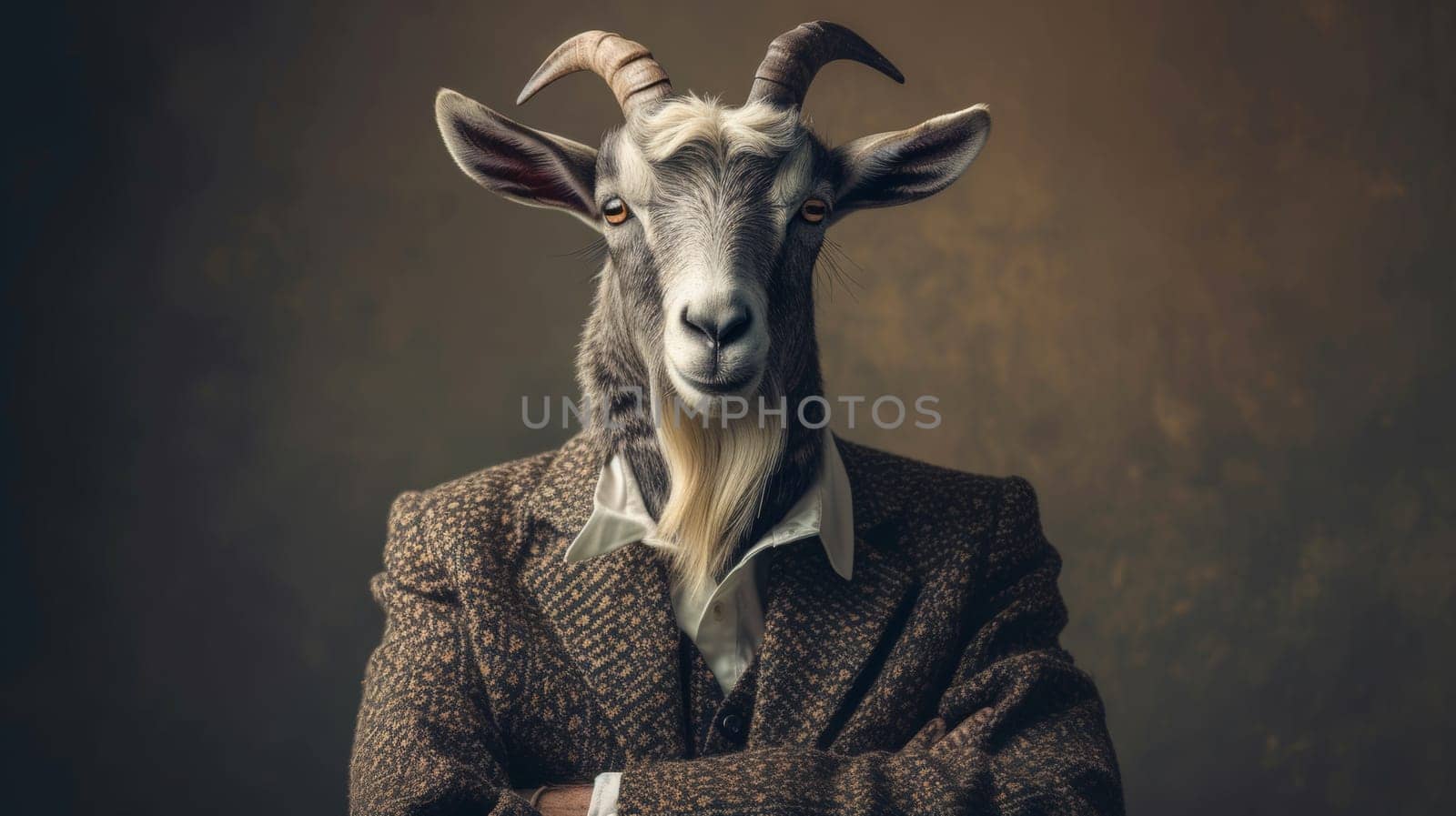 A goat wearing a suit and tie with his arms crossed