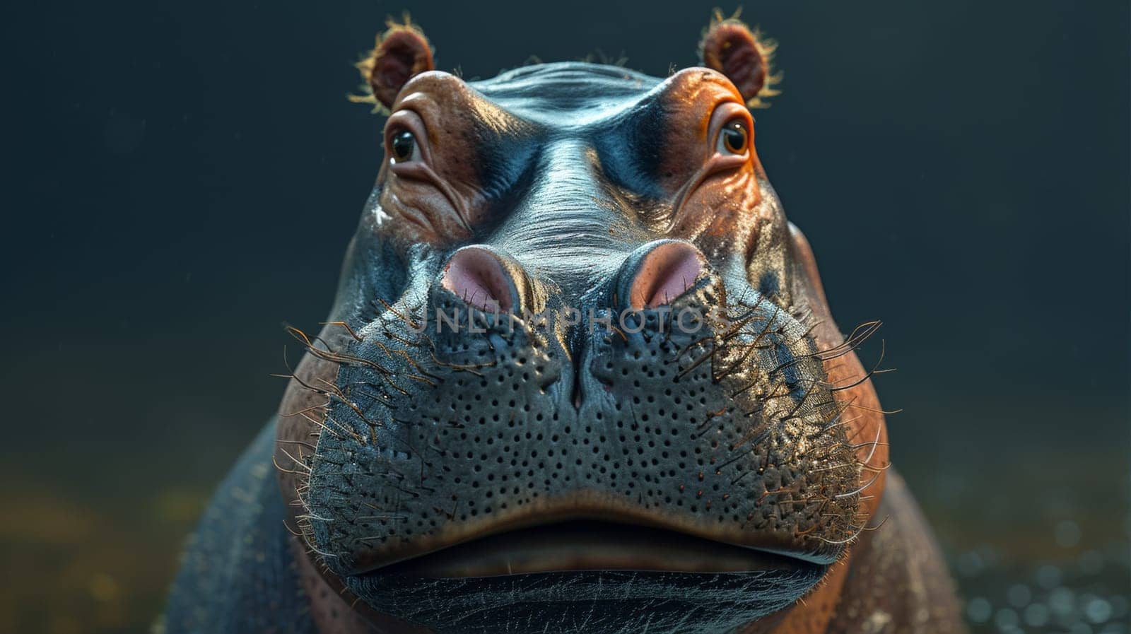 A close up of a hippo's face with its nose in the water