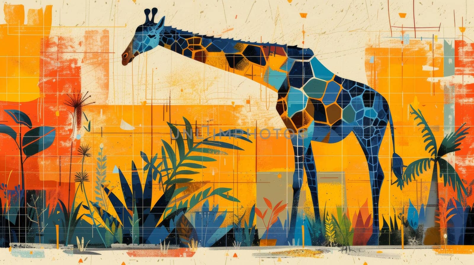 A painting of a giraffe standing in front of some plants
