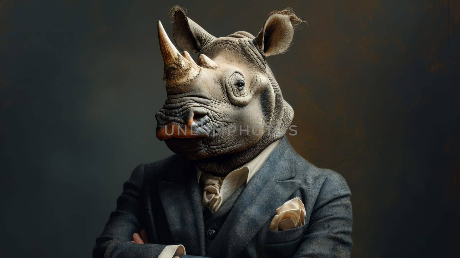 A rhino wearing a suit and tie with his arms crossed, AI by starush