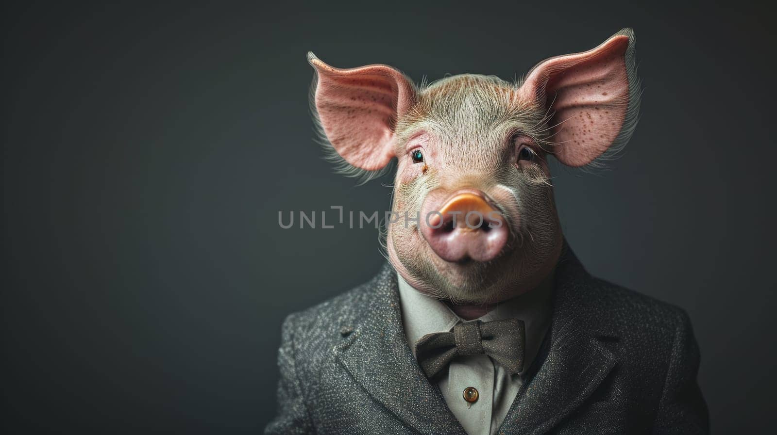 A pig wearing a suit and tie with his eyes closed, AI by starush