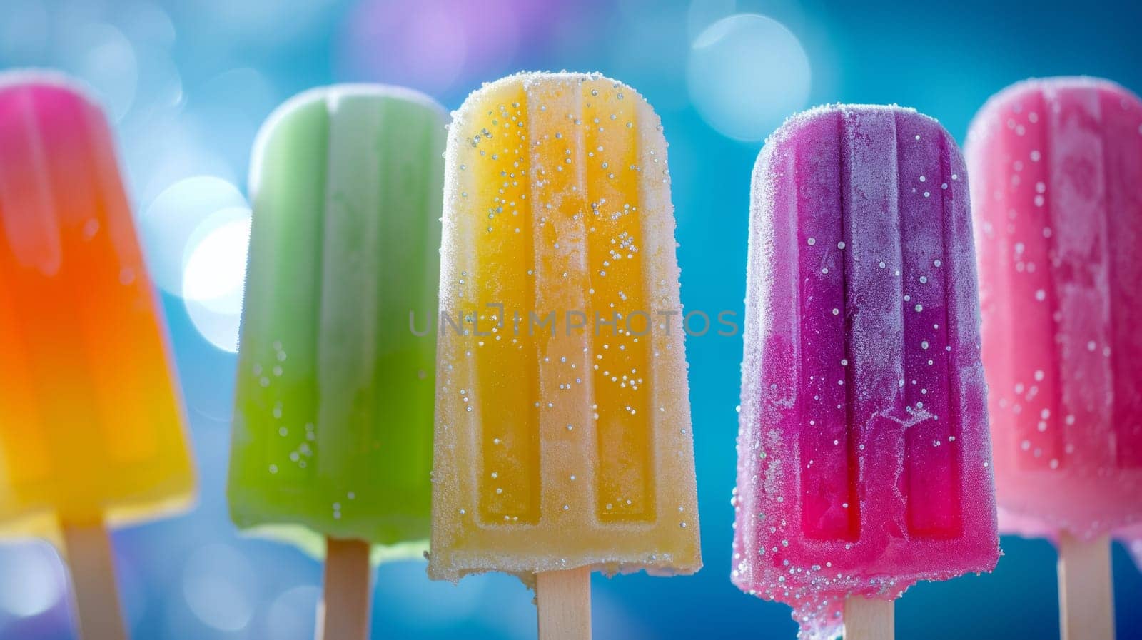 A group of colorful popsicles on sticks with a blue background