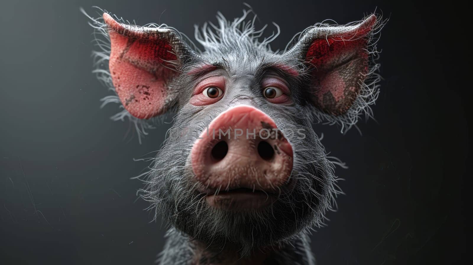 A close up of a pig with long hair and big ears