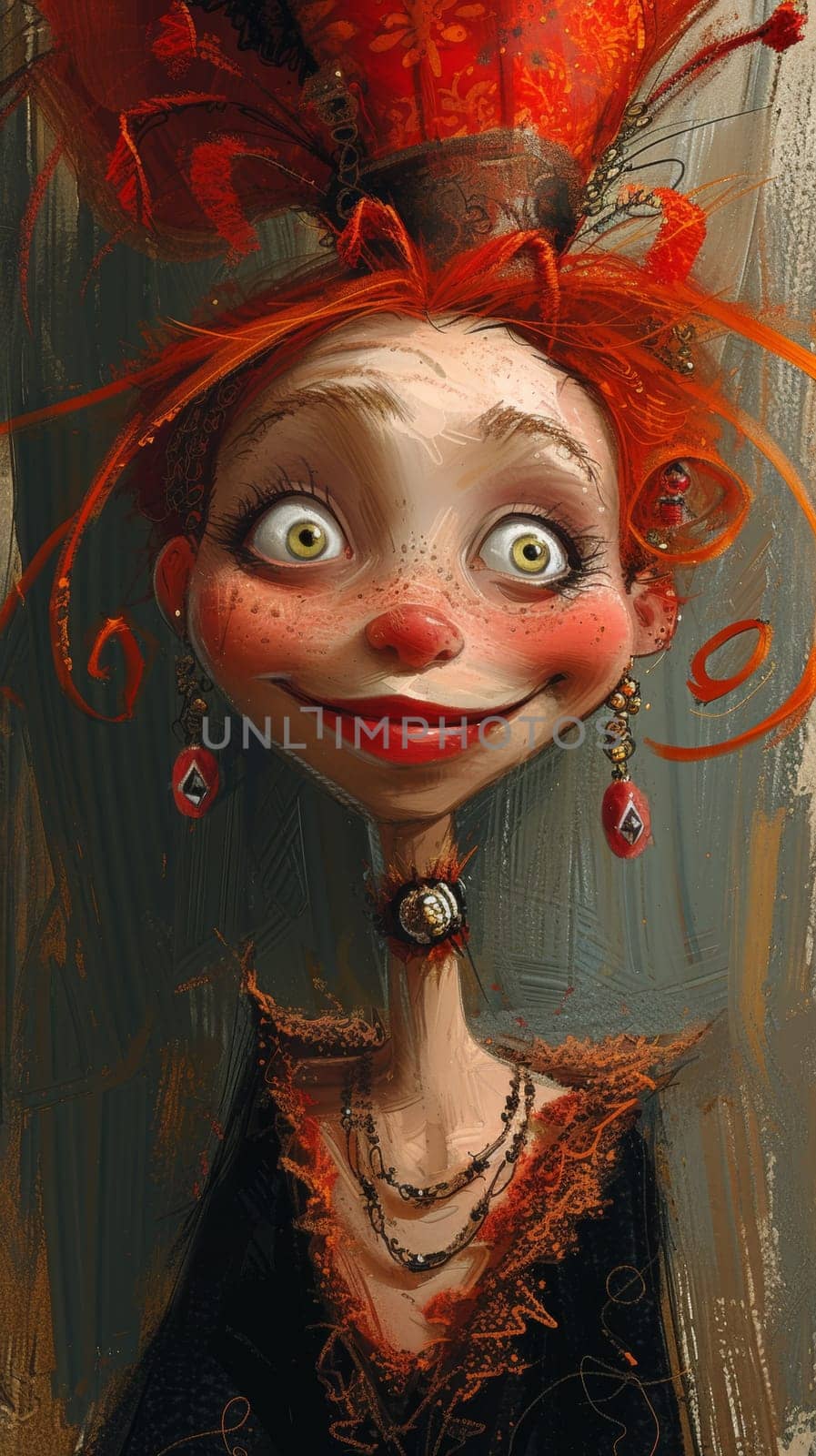 A cartoon drawing of a woman with red hair and big eyes, AI by starush