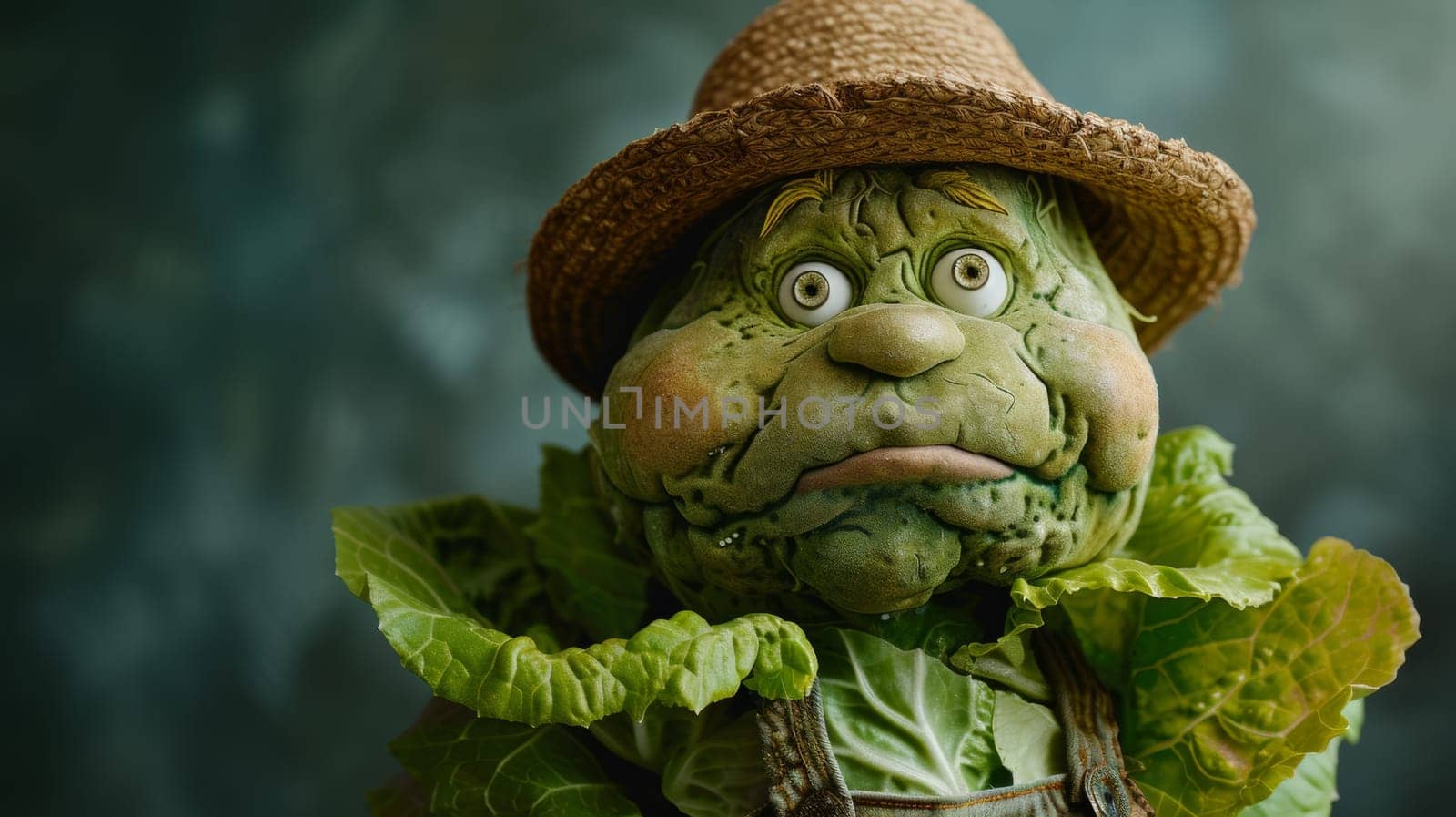 A close up of a green face with hat and straw