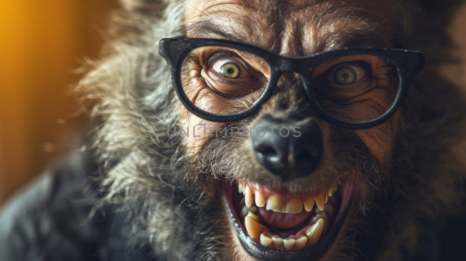 A close up of a man wearing glasses and an animal like face