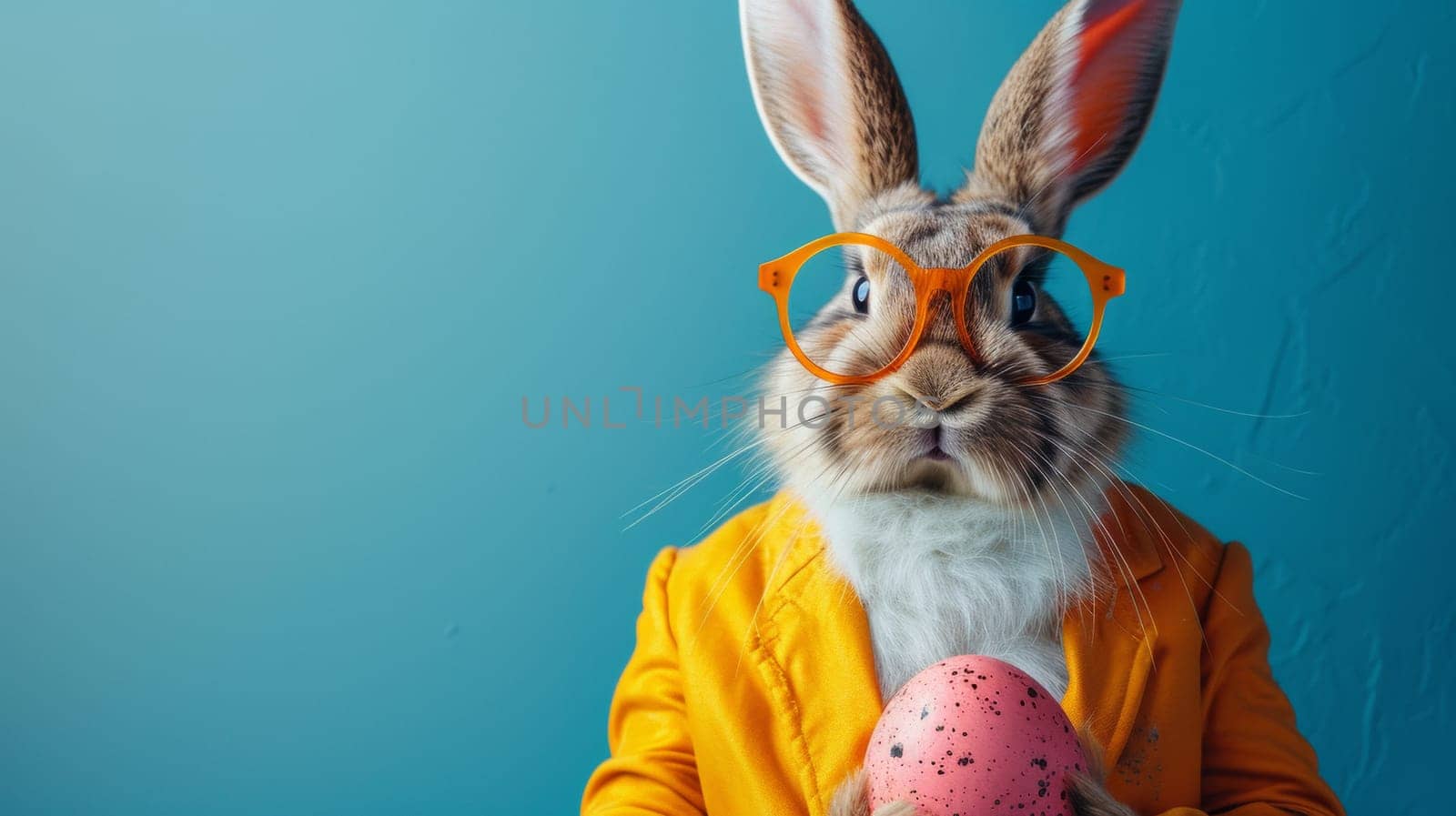 A rabbit wearing glasses and orange jacket holding an egg