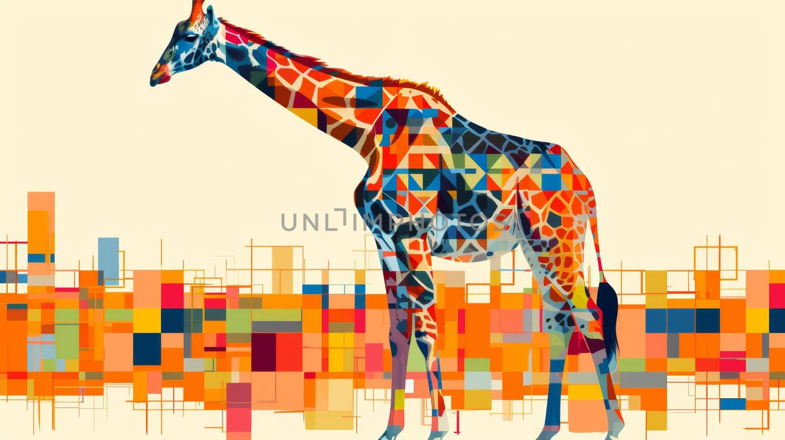 A giraffe with a geometric pattern on its body standing in front of colorful squares