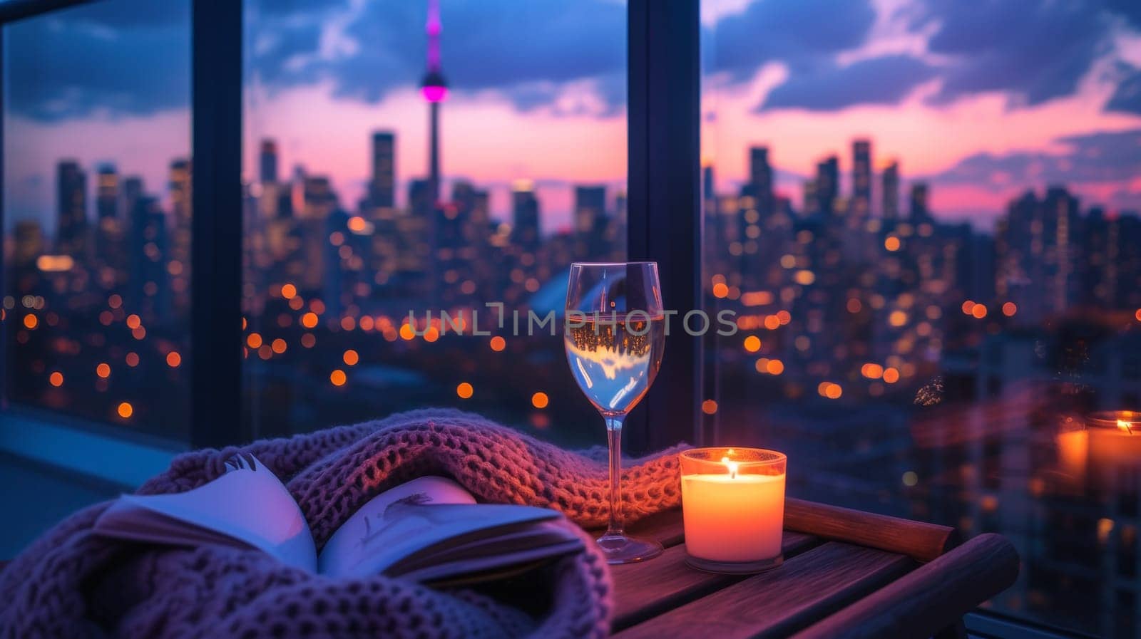 A candle, a book and wine on the table in front of city lights
