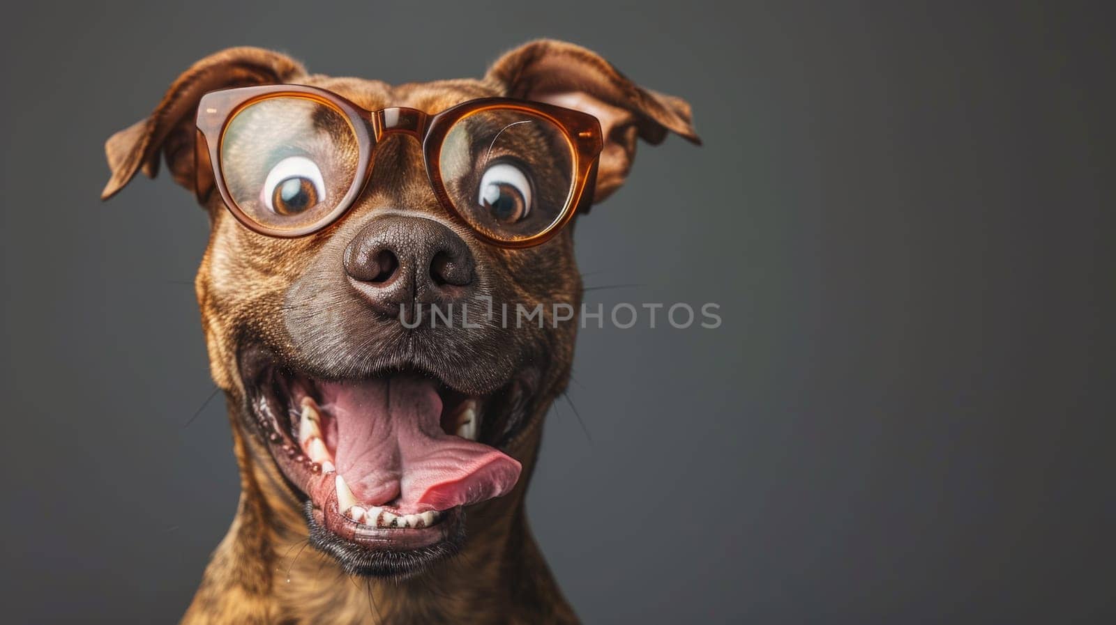 A dog wearing glasses with tongue sticking out and looking at the camera