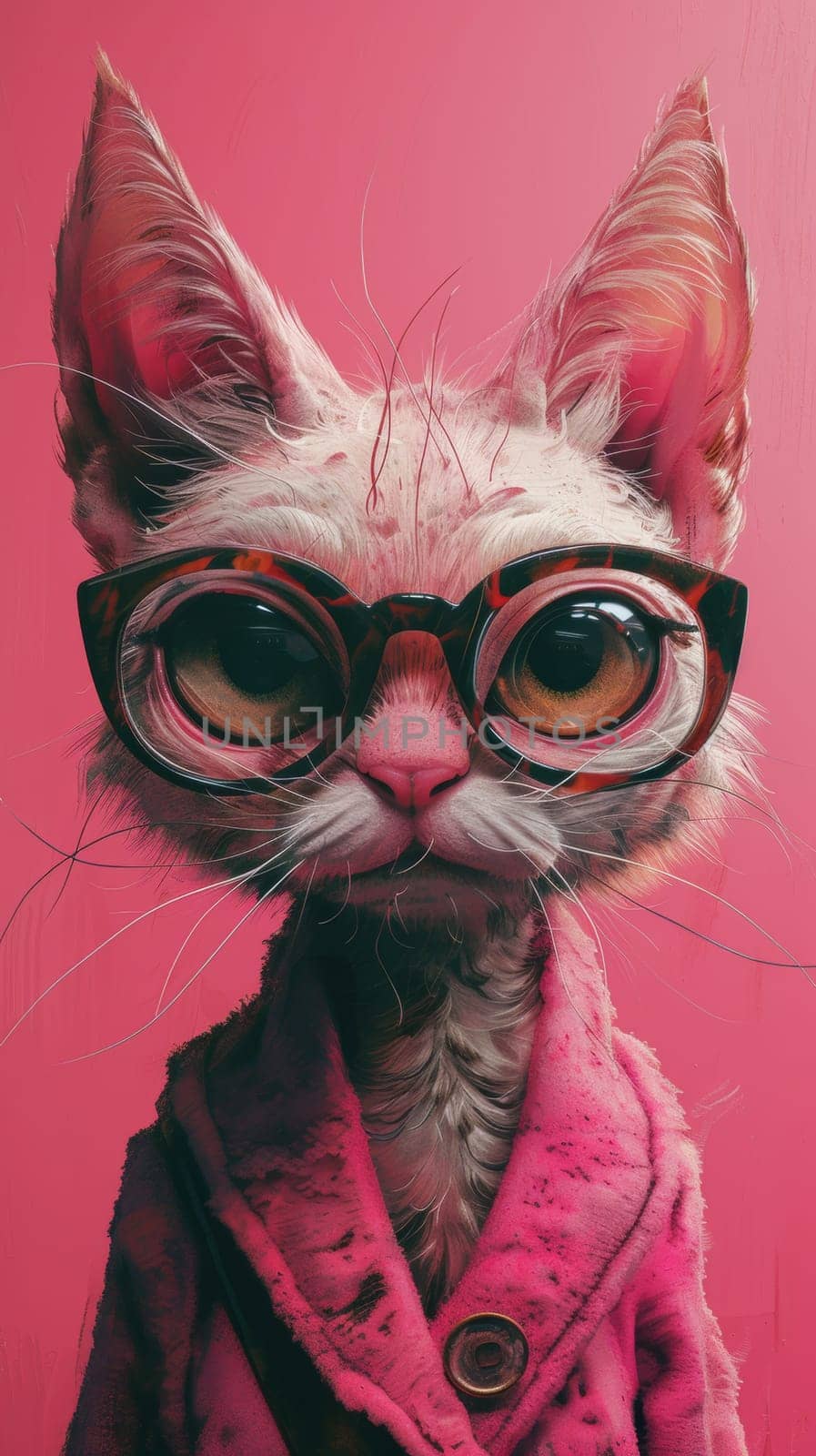 A close up of a cat wearing glasses and pink jacket, AI by starush