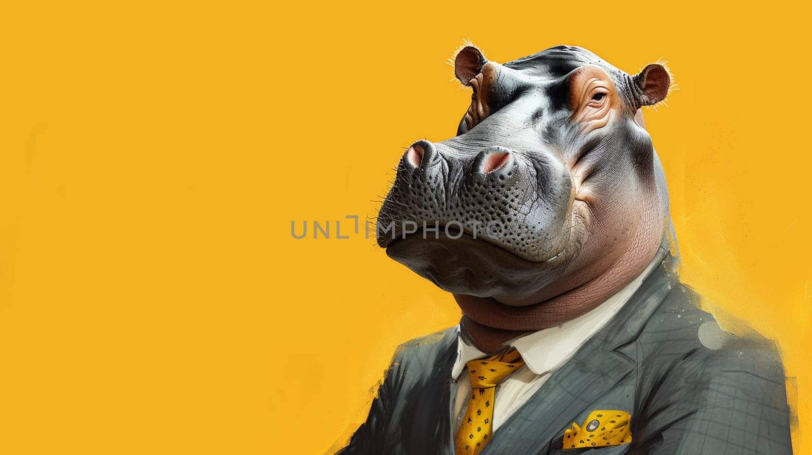 A hippo wearing a suit and tie with yellow background