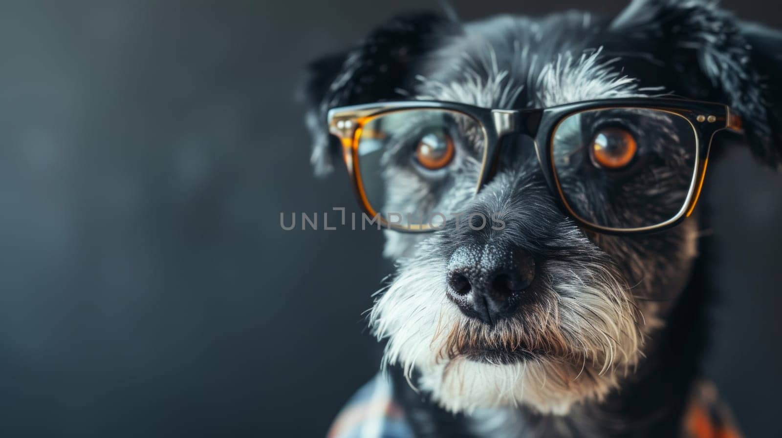 A close up of a dog wearing glasses and looking at the camera