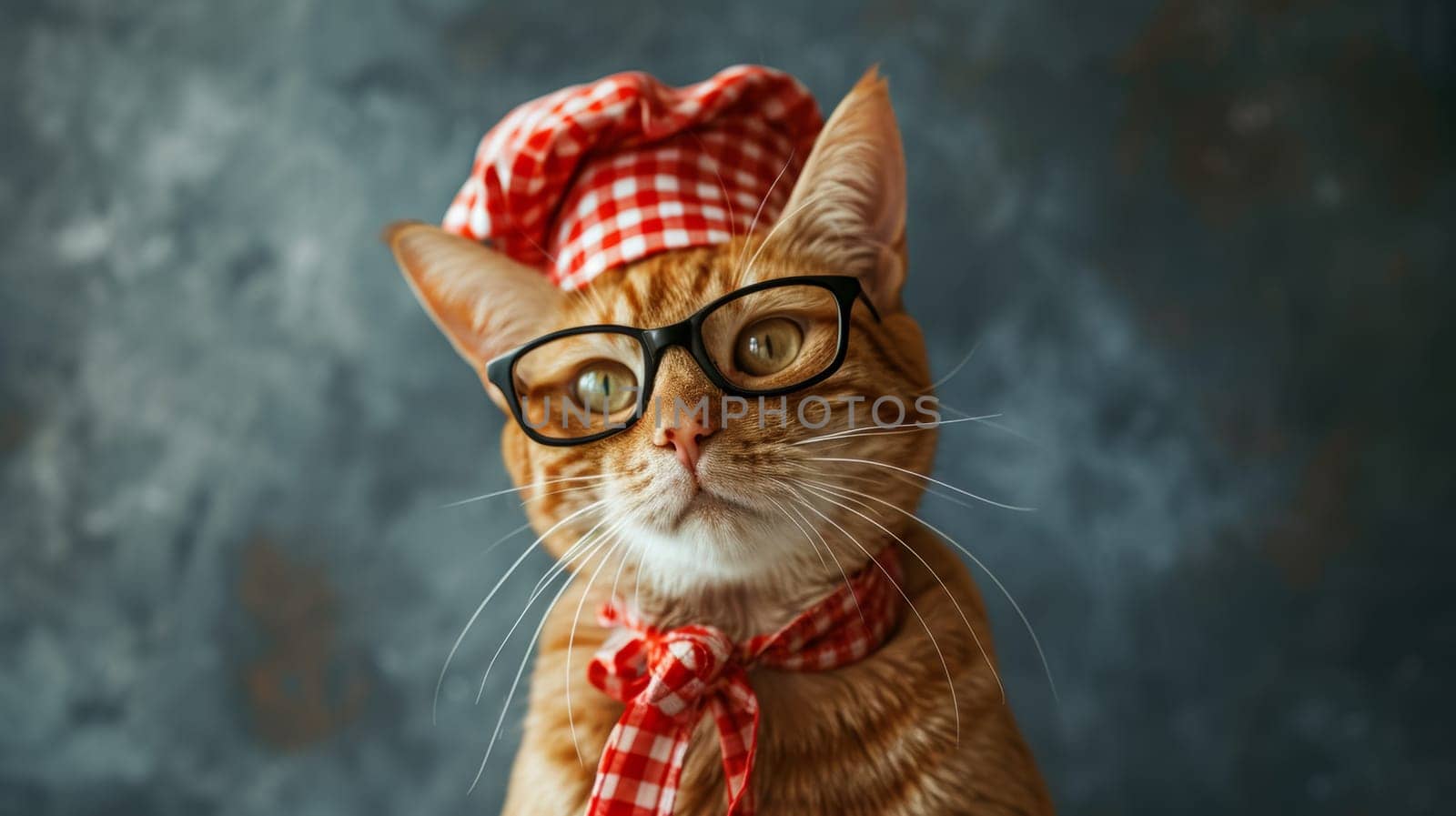 A cat wearing a chef's hat and glasses with its mouth open, AI by starush