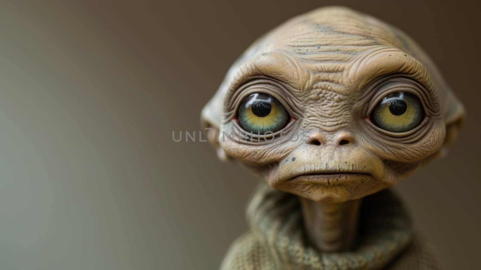 A close up of a small alien looking creature with brown eyes, AI by starush