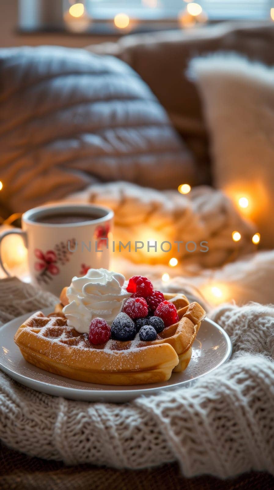 A waffle with berries and whipped cream on a plate next to coffee