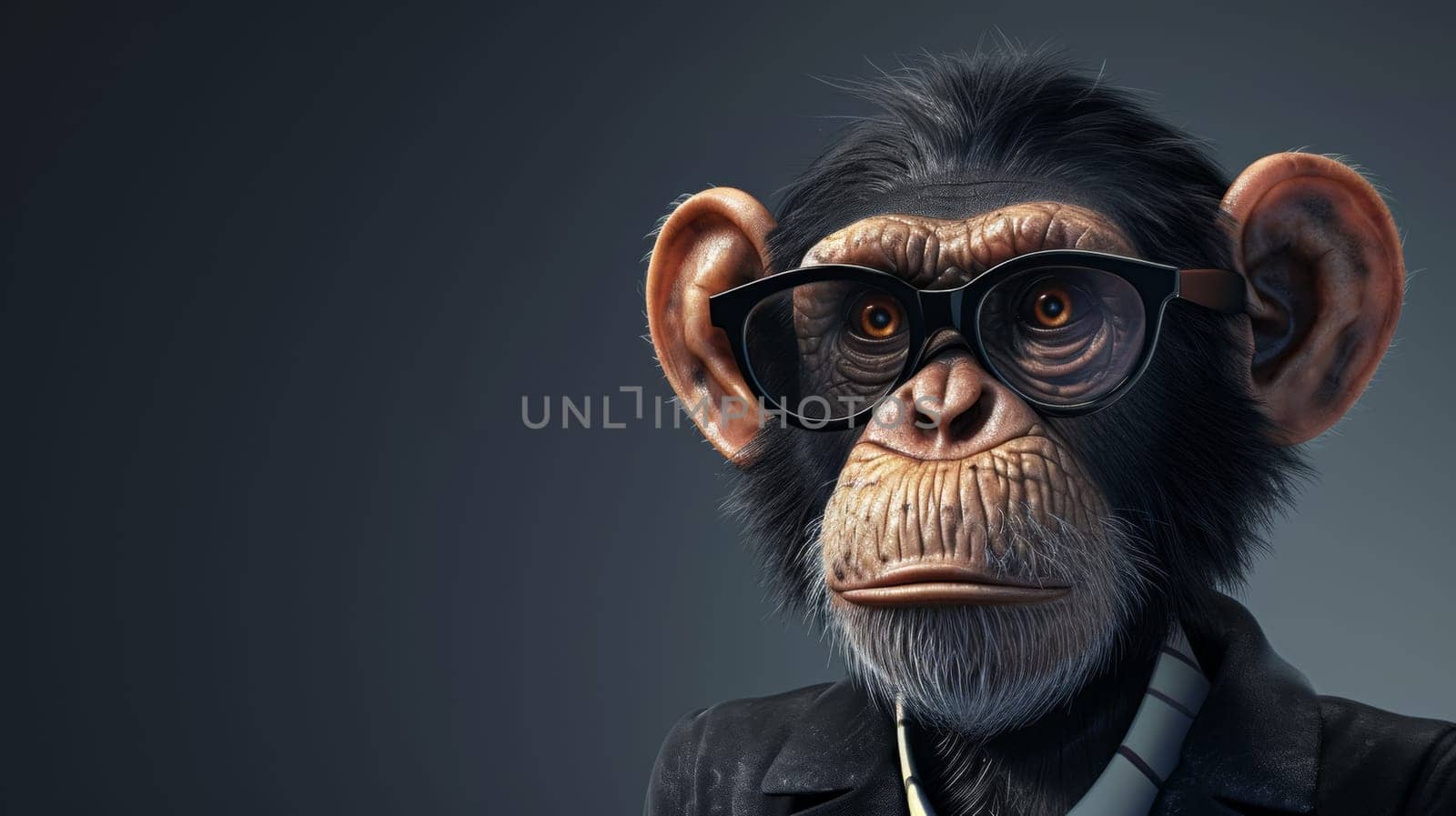 A monkey wearing glasses and a suit with his hands in front of him, AI by starush