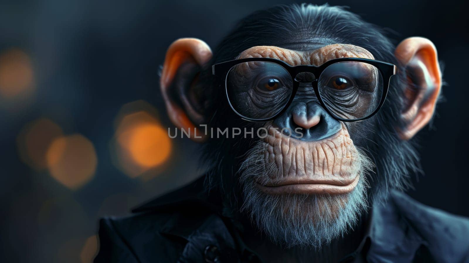 A monkey wearing glasses and a jacket with dark background