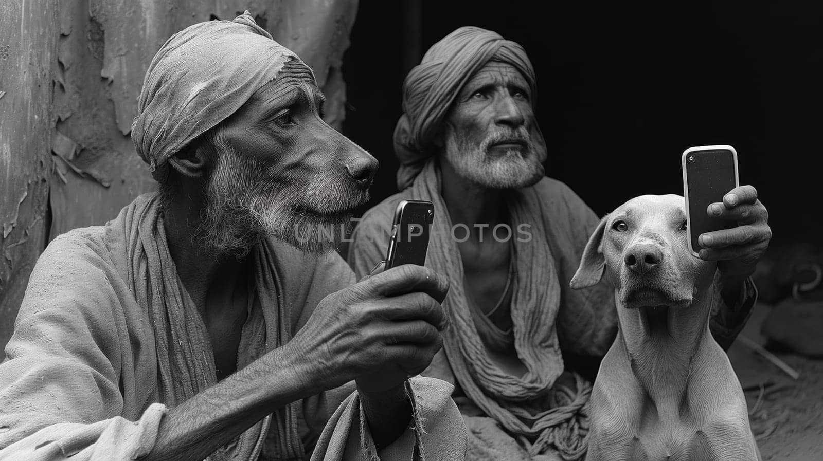 Two men sitting on the ground with cell phones in their hands