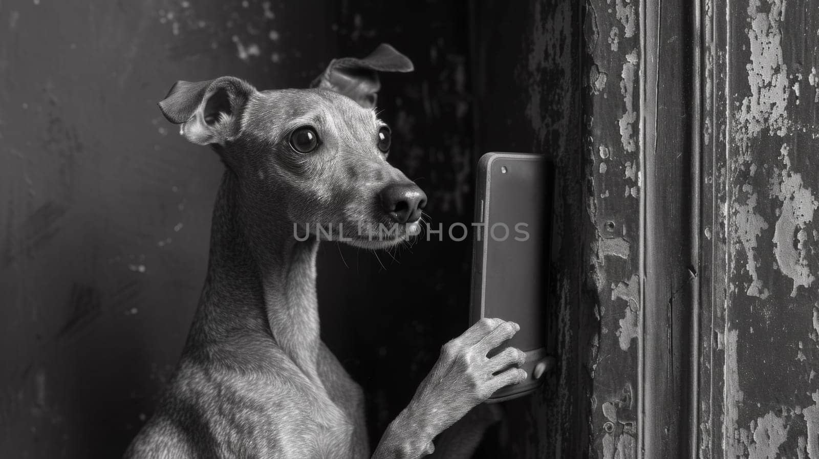A dog holding a cell phone up to the wall