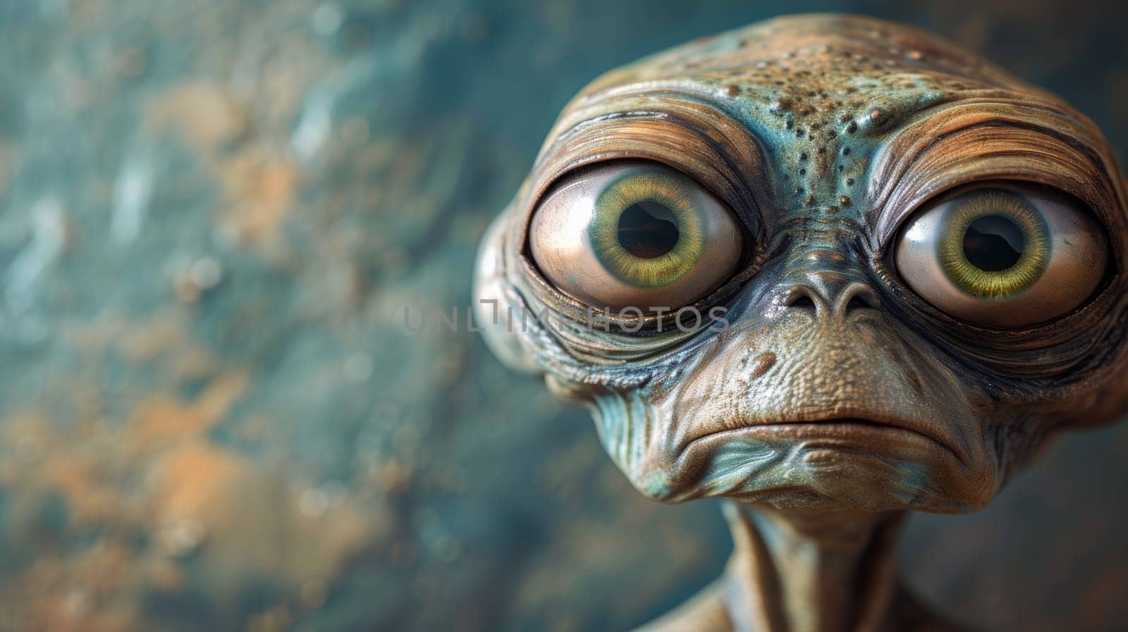 A close up of a creepy looking alien with big eyes