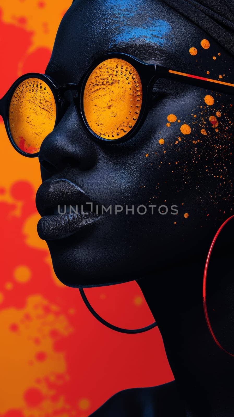A close up of a woman with painted skin wearing yellow glasses, AI by starush