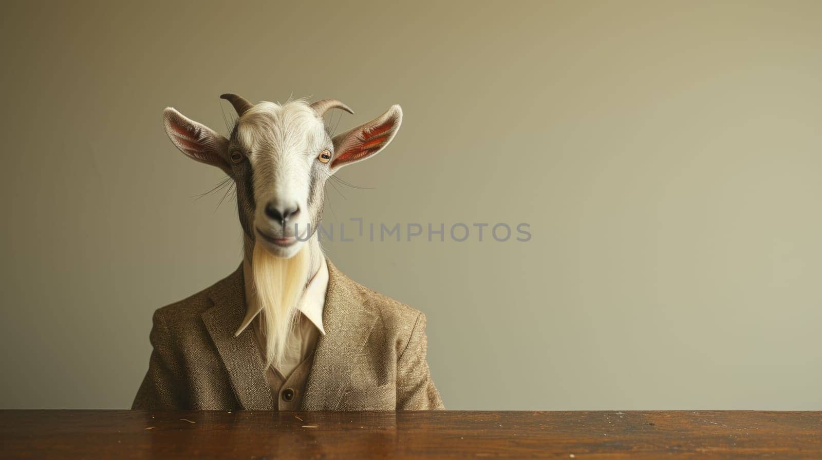 A goat wearing a suit and tie with long hair