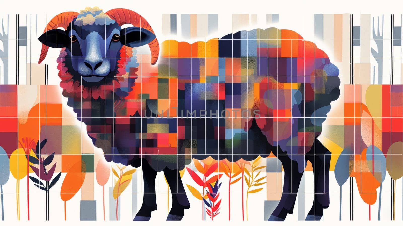 A colorful ram with a multicolored background and leaves, AI by starush