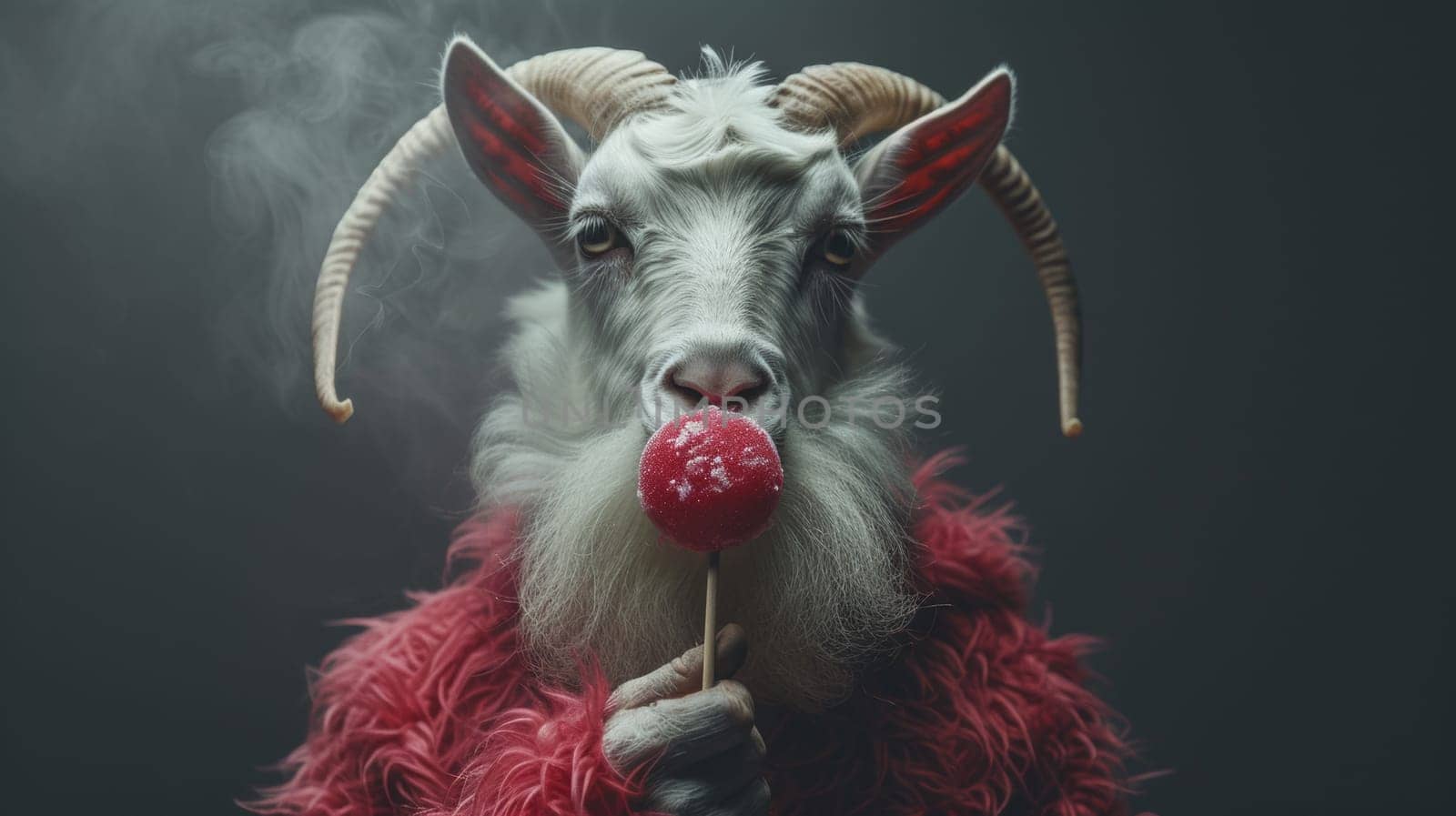 A goat wearing a red sweater and holding up a lollipop