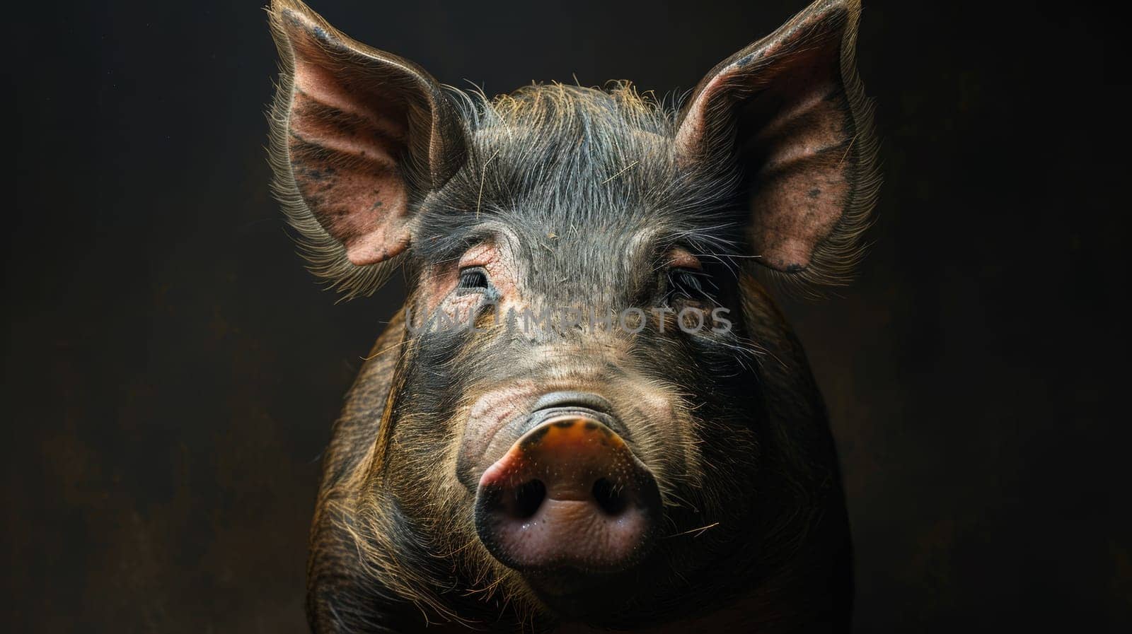 A pig with a dark background and looking at the camera, AI by starush
