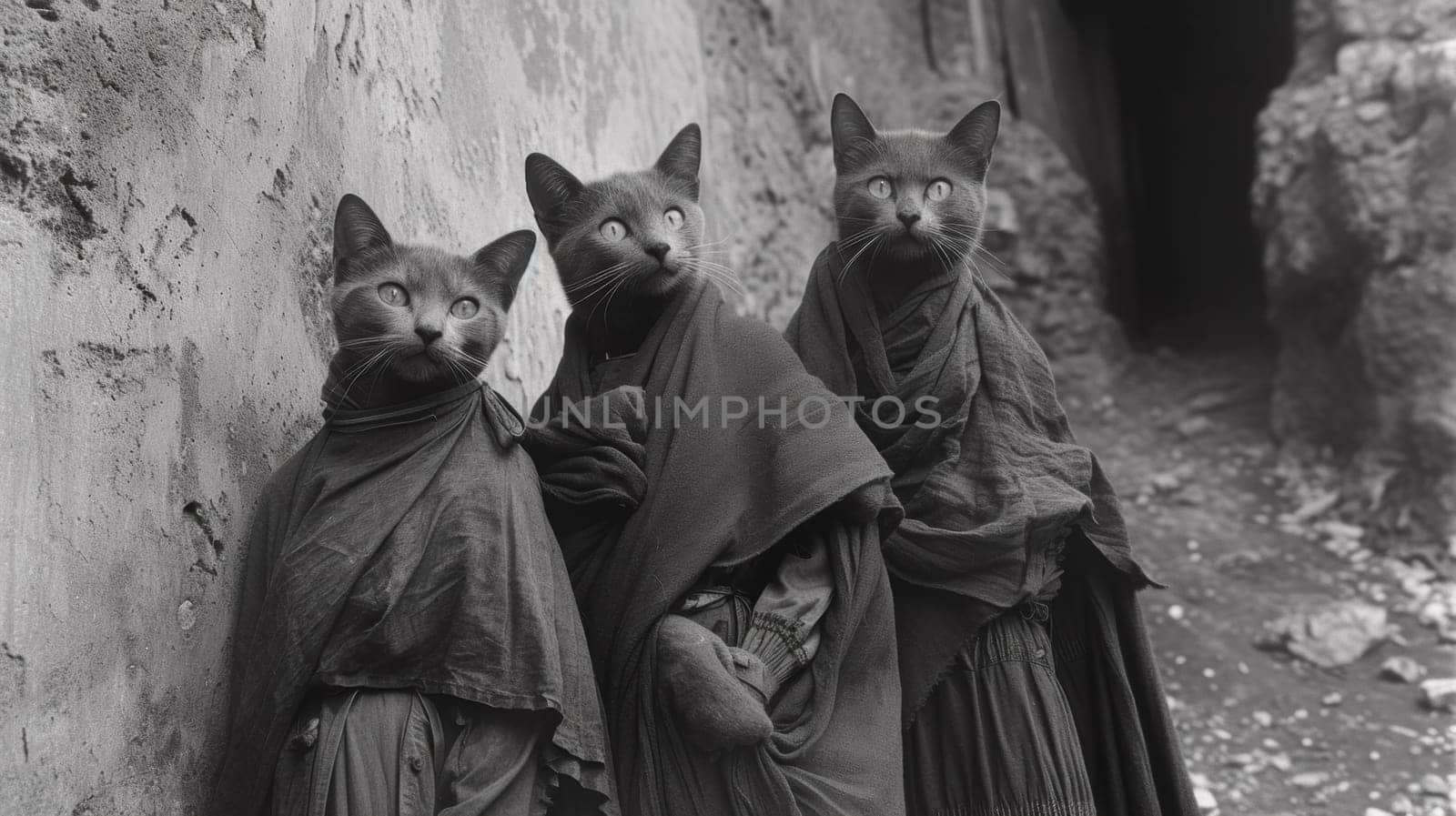 Three cats dressed in robes and hoods standing next to a wall, AI by starush
