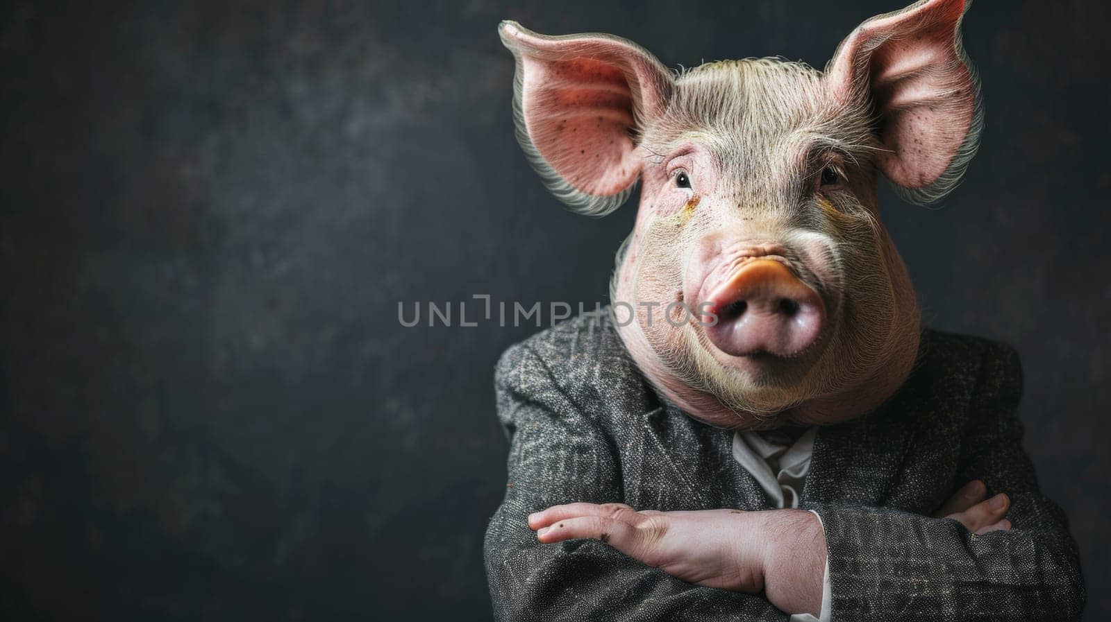 A pig wearing a suit and tie with his arms crossed, AI by starush