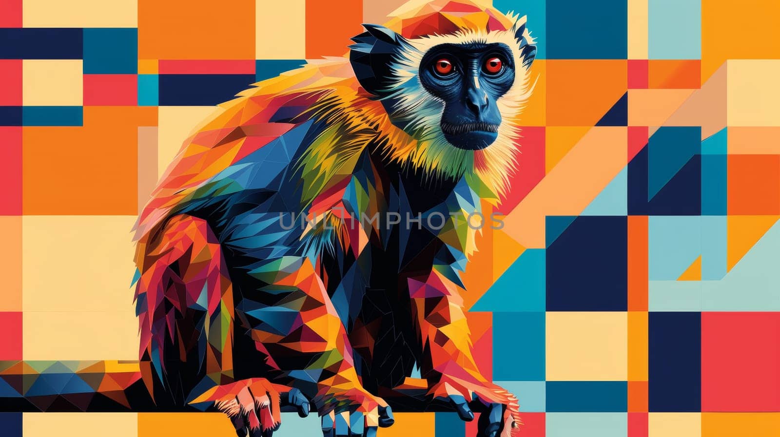 A colorful monkey sitting on a multi-colored background, AI by starush