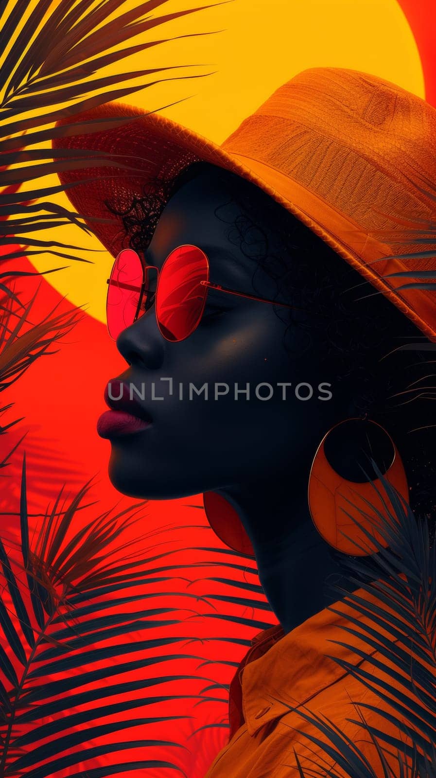 A woman in a hat and sunglasses with palm leaves behind her, AI by starush