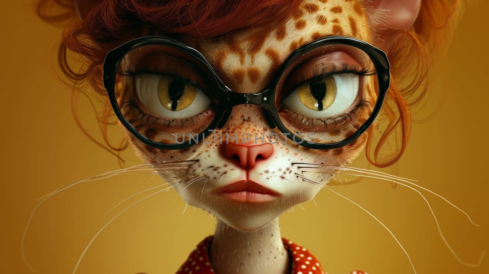 A cartoon cat with glasses and a red dress on