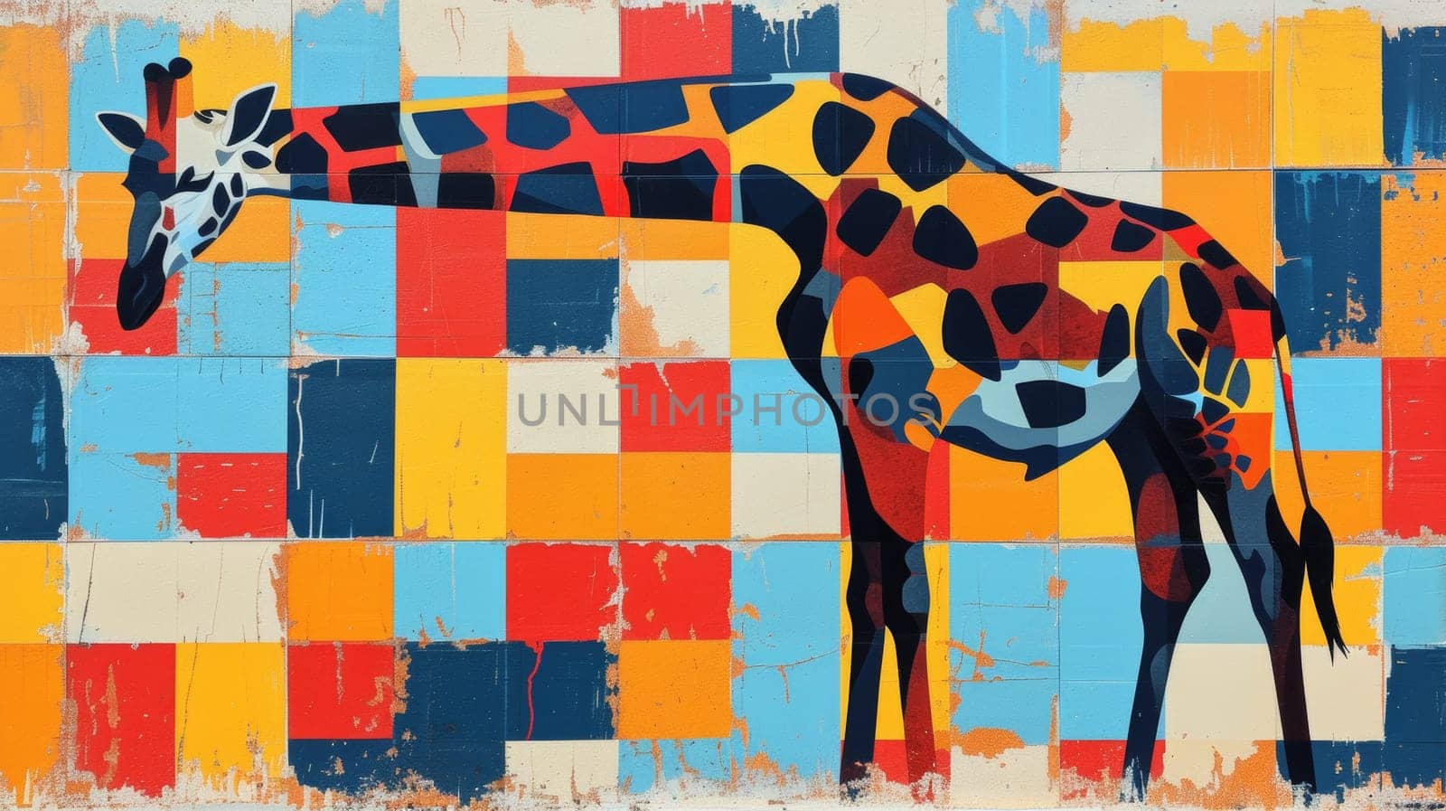 A painting of a giraffe standing in front of colorful squares