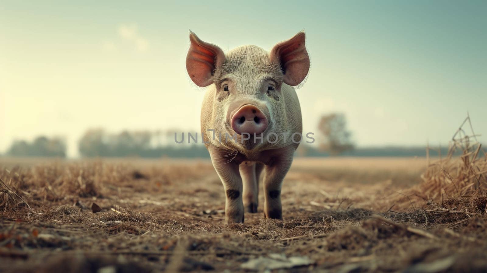 A pig is walking on a field with trees in the background