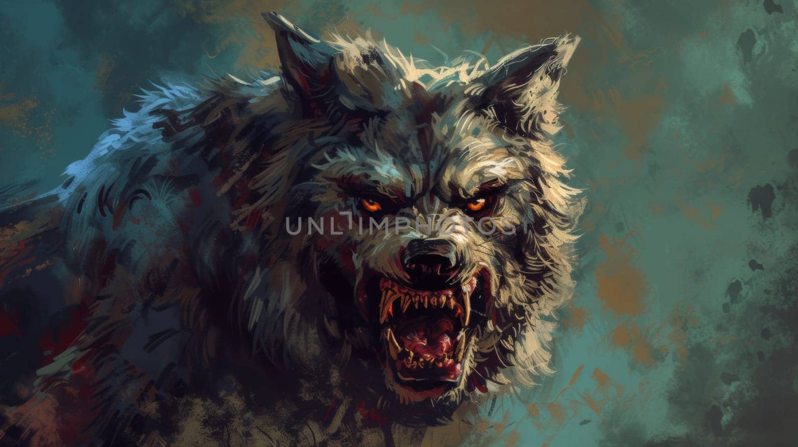 A painting of a wolf with red eyes and fangs, AI by starush