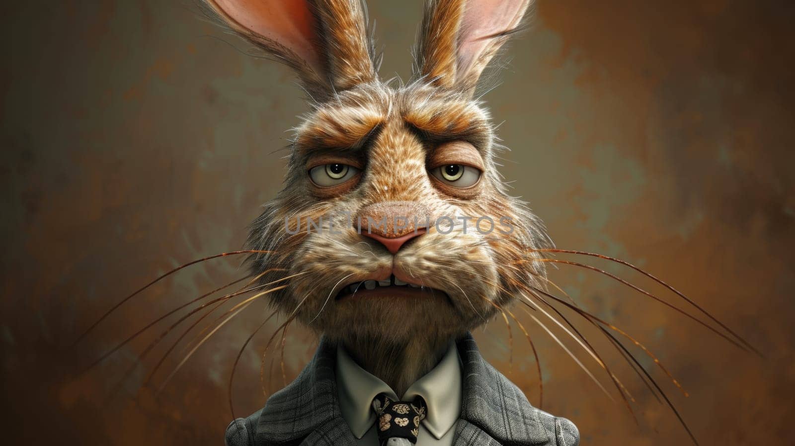 A rabbit with a suit and tie on is looking at the camera, AI by starush