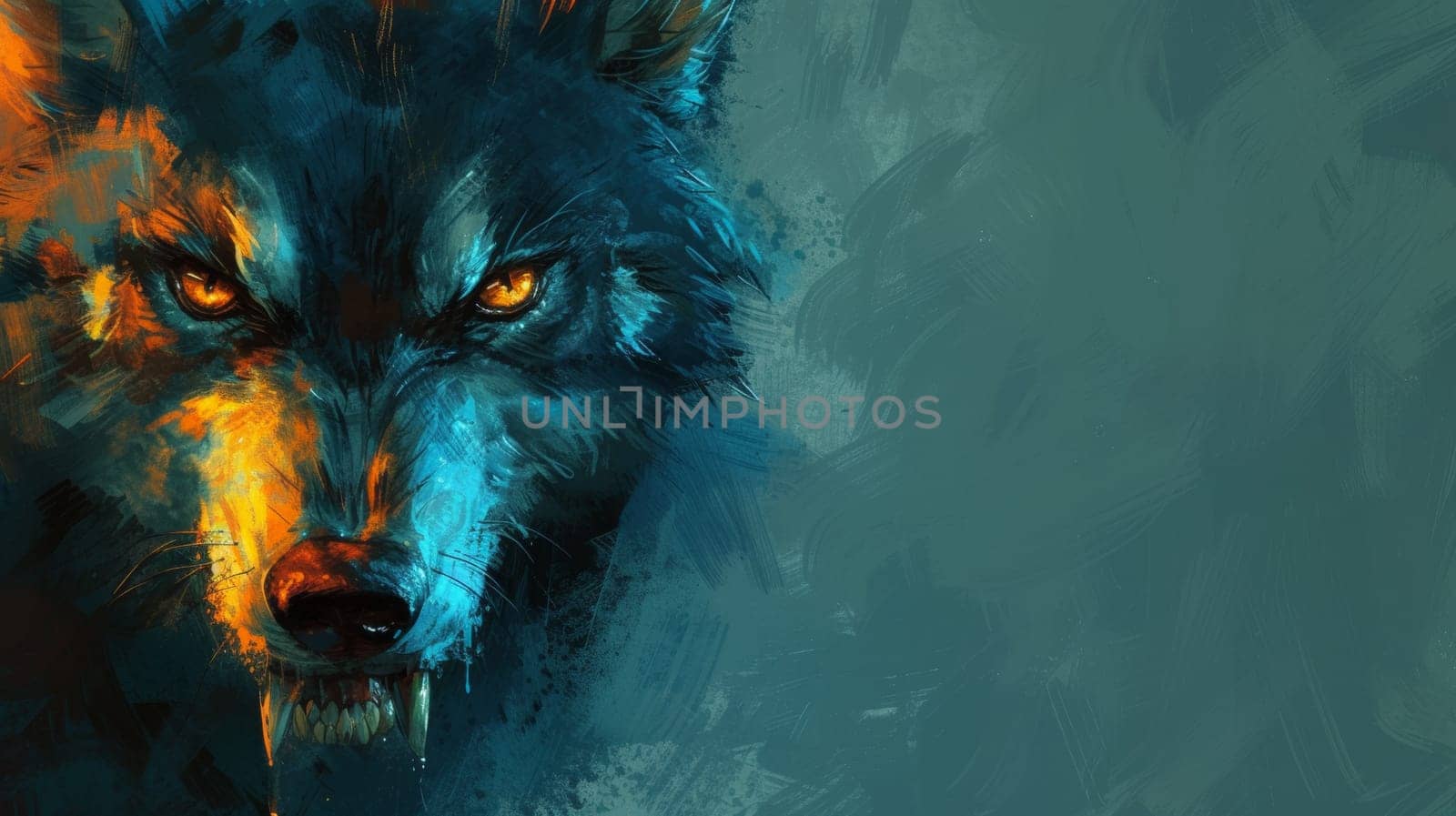 A painting of a wolf with glowing eyes and yellow teeth, AI by starush