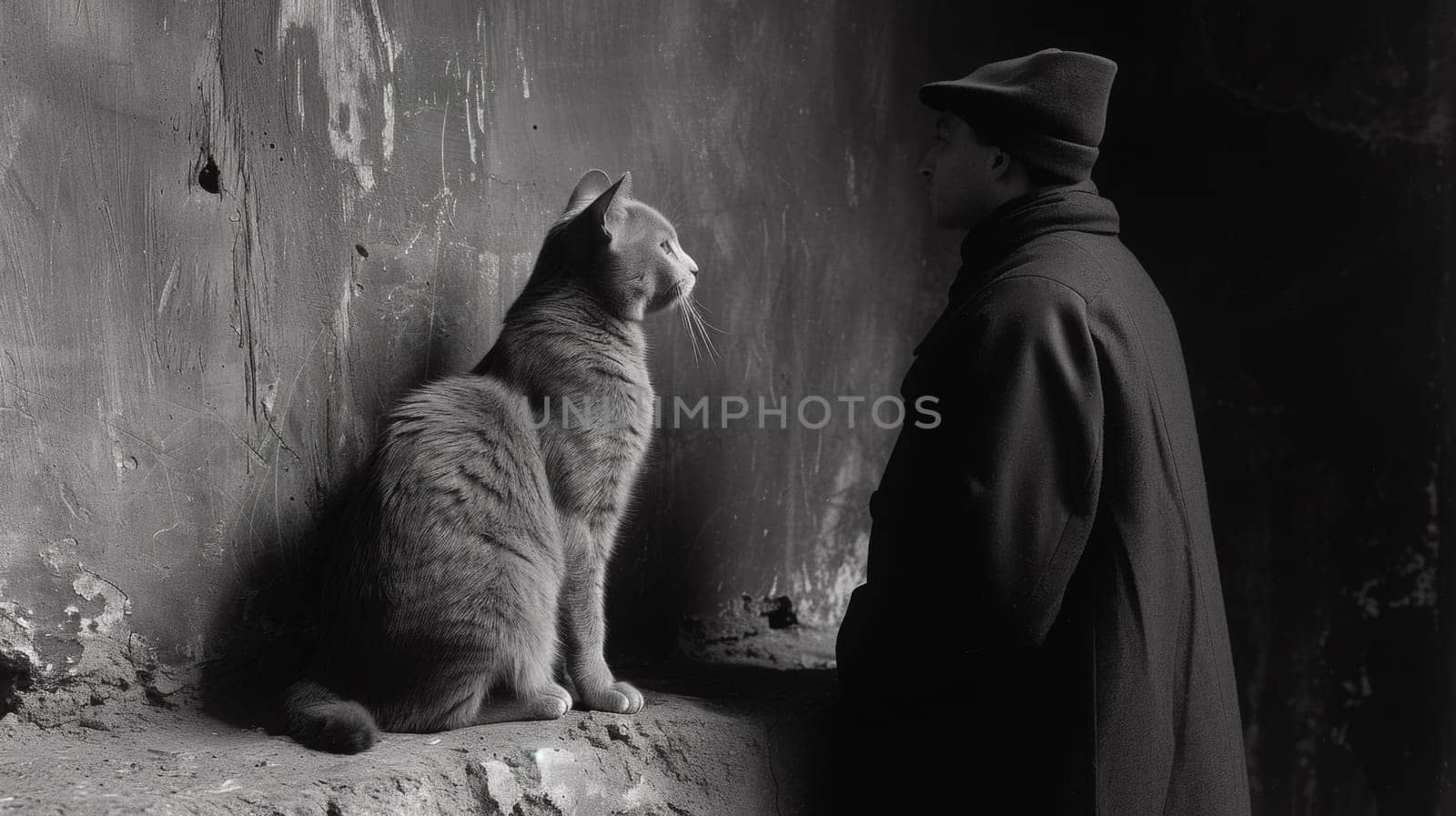A man and cat looking at each other in a black and white photo