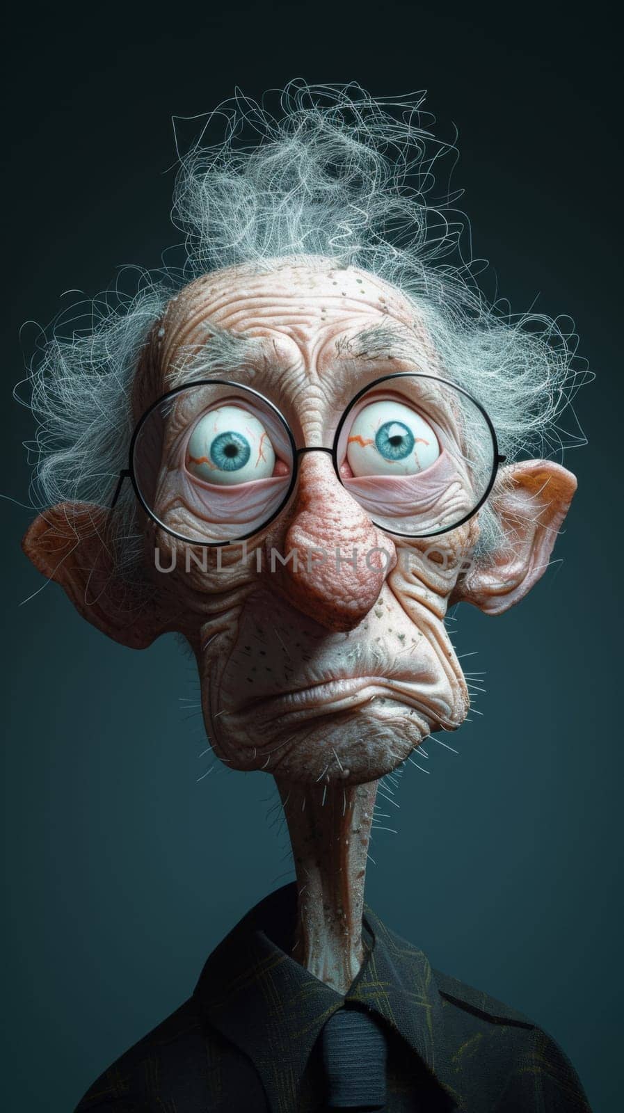 A close up of an old man with a big nose and glasses, AI by starush