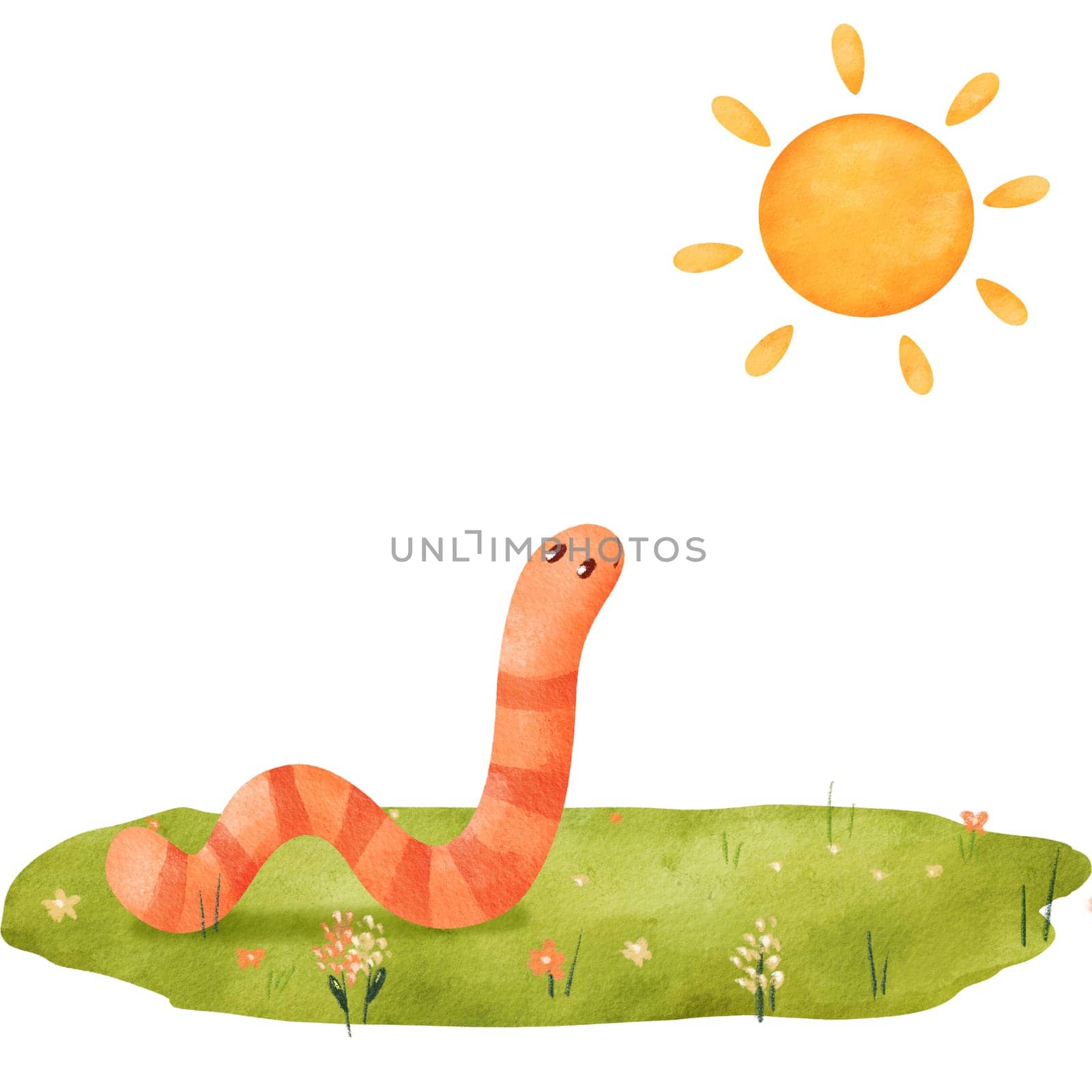 watercolor composition a worm on a green meadow gazing at the sun. This spring-themed, child-friendly illustration is for your designs, creating a delightful atmosphere of the season by Art_Mari_Ka