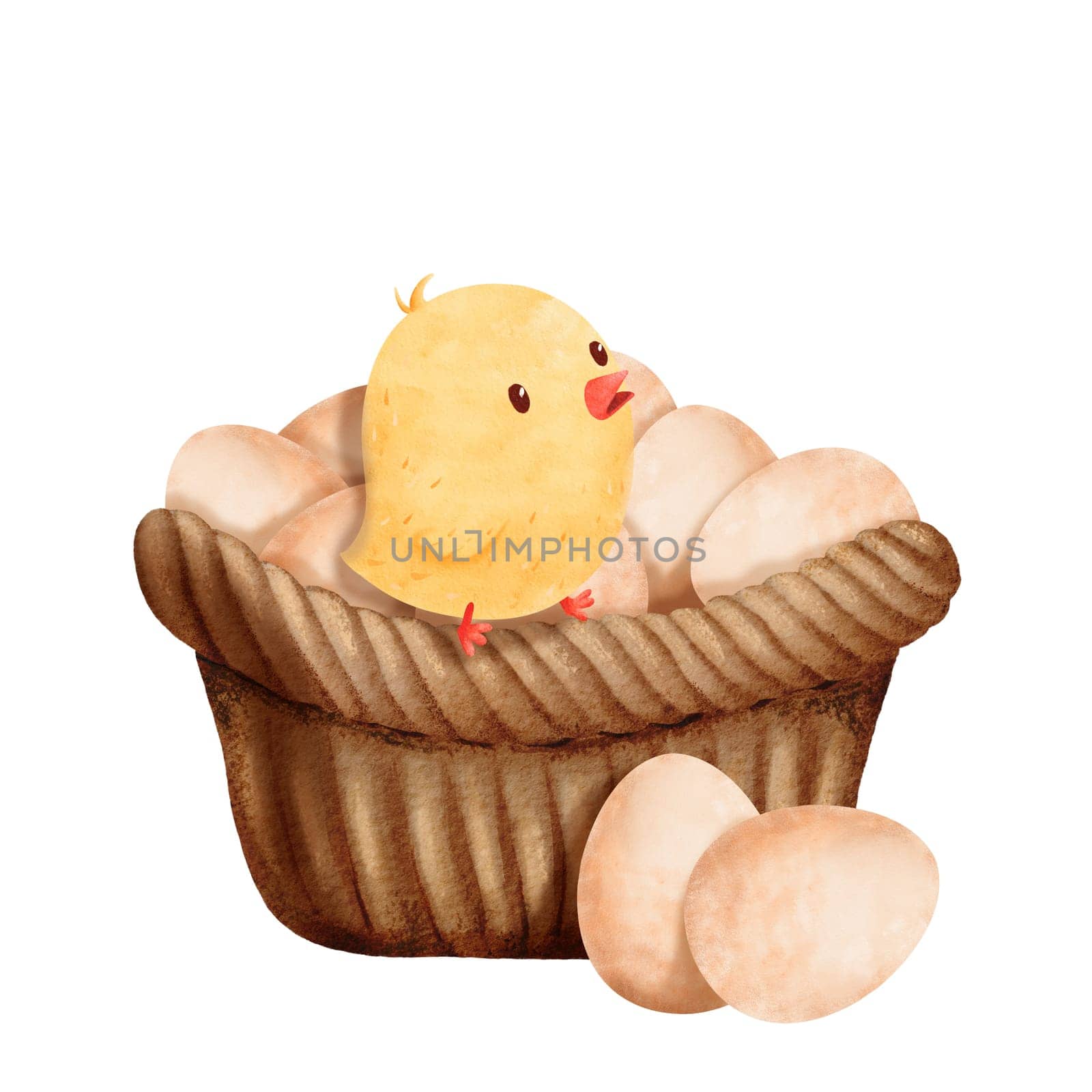 Watercolor composition showcasing a small yellow chick nestled in a woven basket surrounded by chicken eggs. Evokes the delightful essence of a rustic setting. Ideal for conveying warmth and charm.